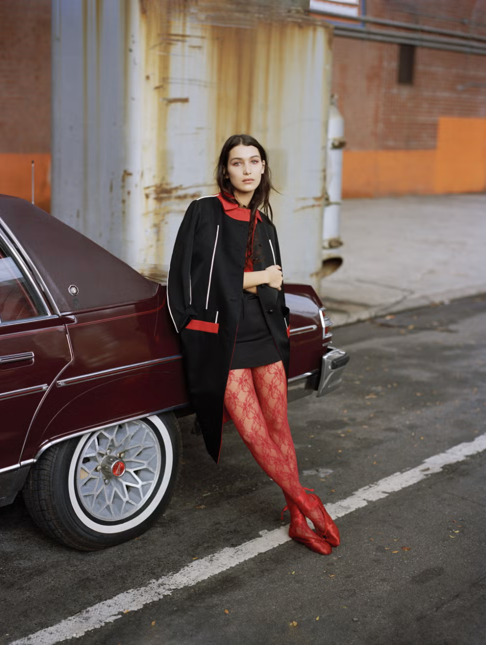 Bella Hadid in Red Fogal Lace Tights